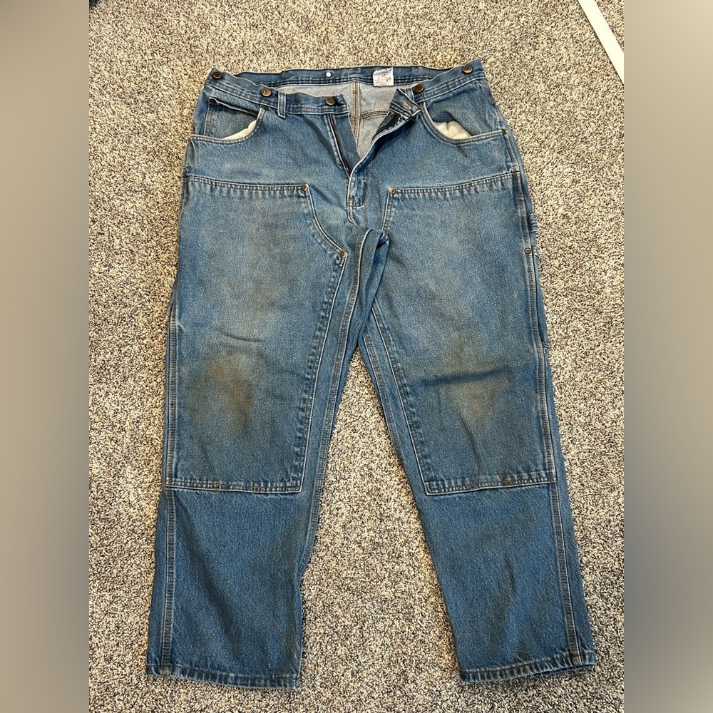 Distressed Key Men's Blue Double Knee Work Jeans 40x30